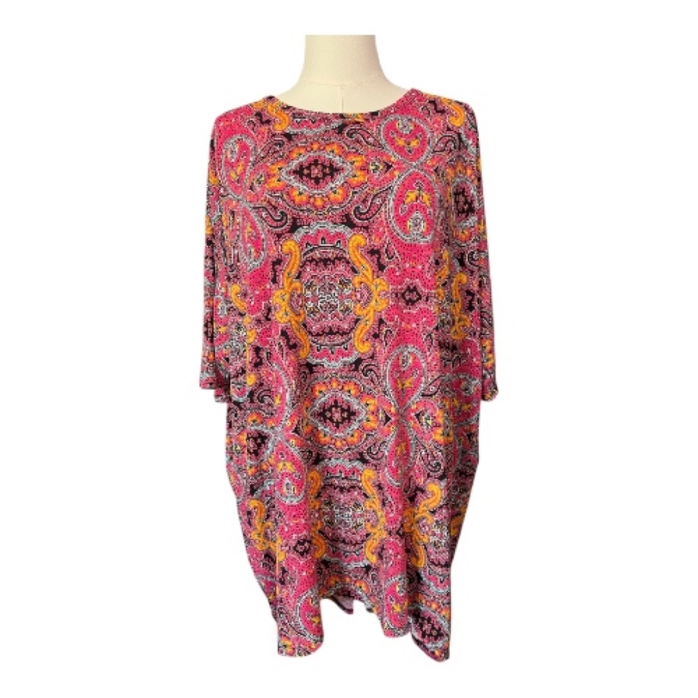 EUC LulaRoe pink, green & yellow paisley hi-low short sleeve top | size XL